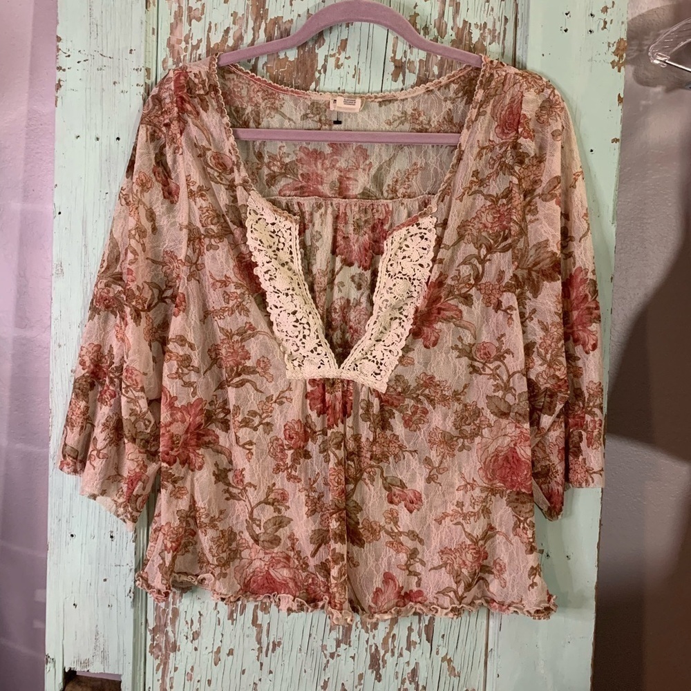 Women’s Ralph Lauren pink and tan floral sheer blouse